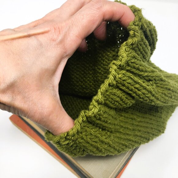 Handknitted Cotton Avocado Green Stretchable Ribbed Edge Slouchy Hat - Picture 7 of 16